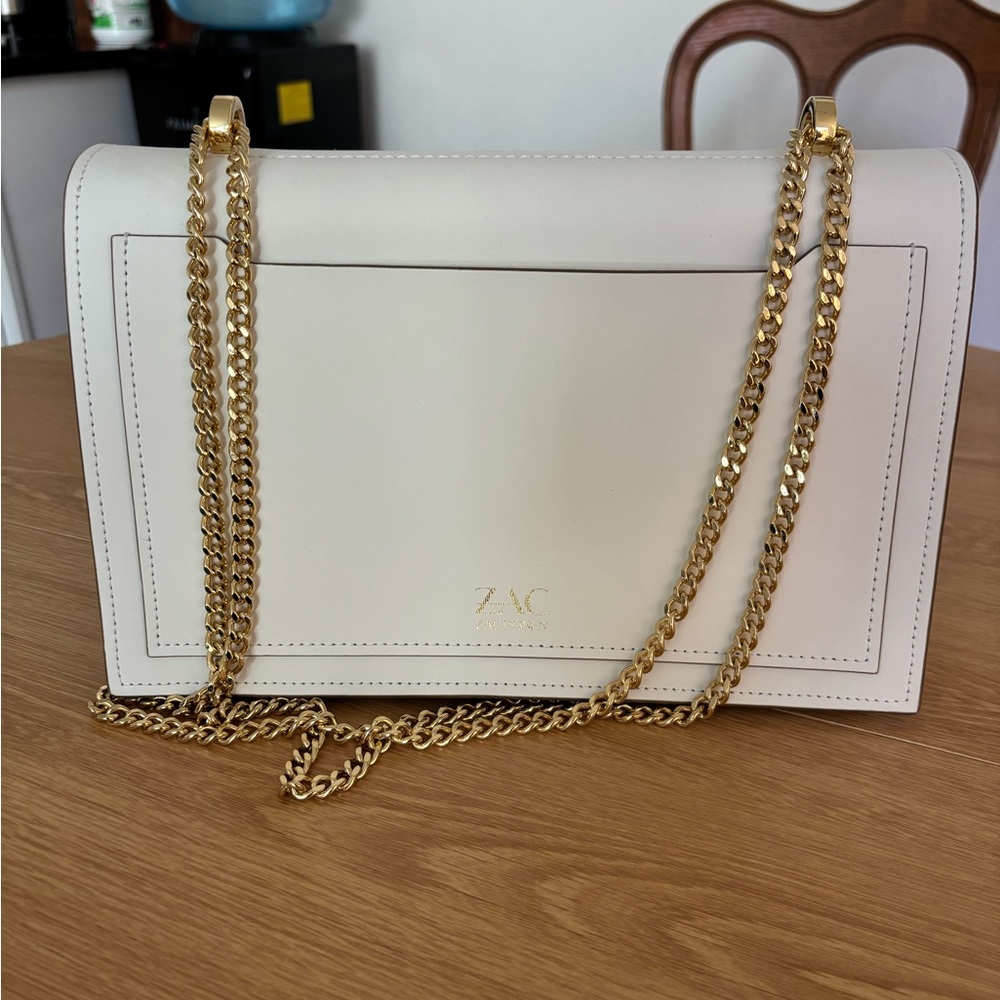 Zac Posen White Leather Shoulder Bag with Gold Floral Studs and Pearl Centers - Picture 3 of 11